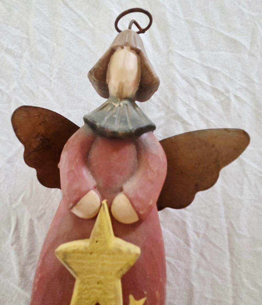 Vintage Primitive Wooden Angel Figurine Rusted Metal Wings Christmas Folk Art